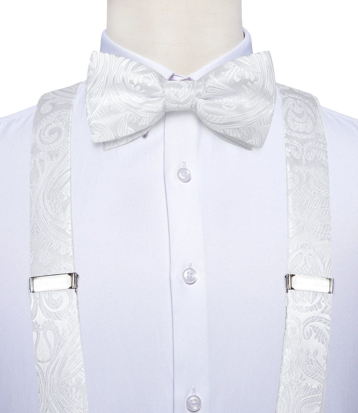 Luxury White Men's Suspenders Adjustable 6 Clips Braces DiBanGu Leather Metal Pre-Tied Bow Tie Brooch Pocket Square Set