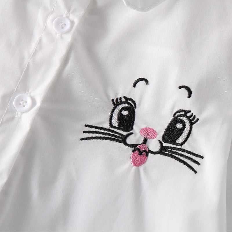 Girls White Blouse Fall Cute Long Sleeves Children Cartoon Shirts Girl Blouses Cat Teenager School Clothes Kids Tops