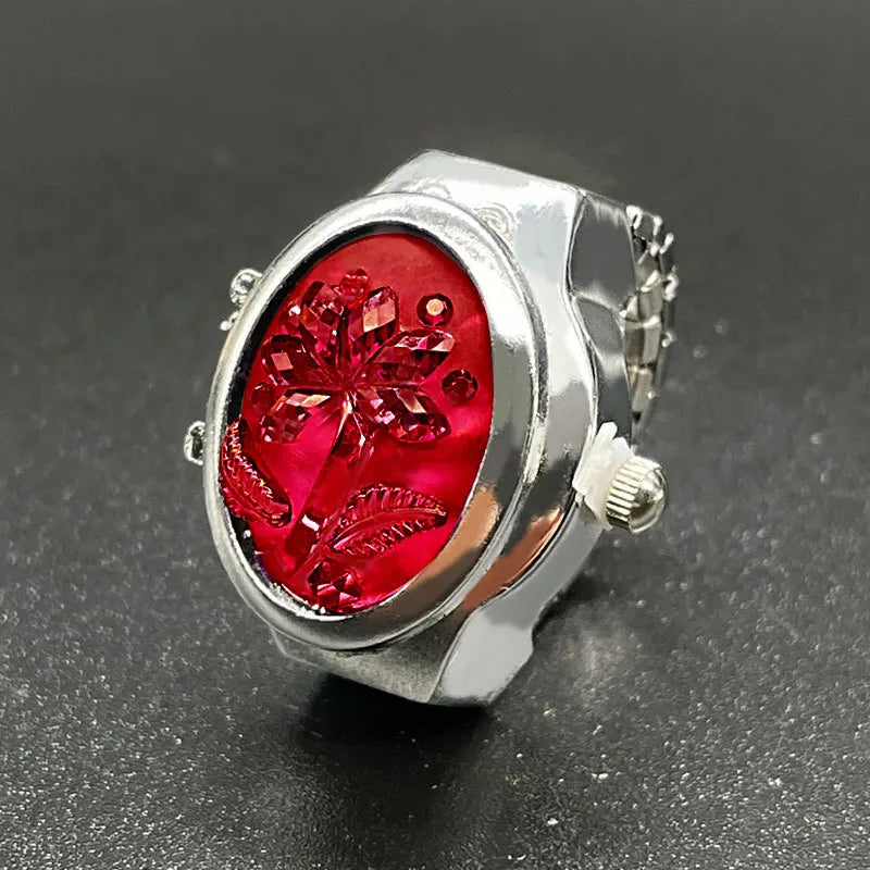 Fashion Women Ring Watch Elliptical Stereo Flower Ladies Clamshell Watches Adjustable Rings Quartz Watches Gifts for Women Ring