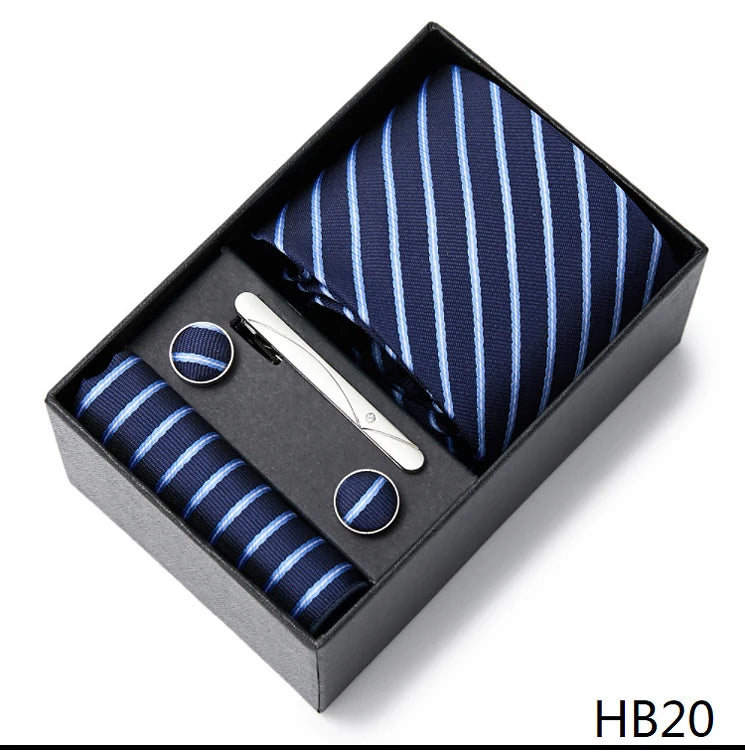 2023 Mode 7,5 cm breite Krawatten-Sets, schwarze Herren-Krawatte, Einstecktuch, Manschettenknöpfe, Krawattenklammer, Box, Hochzeitsgeschenk, handgefertigte Krawatte, Arbeitskleidung