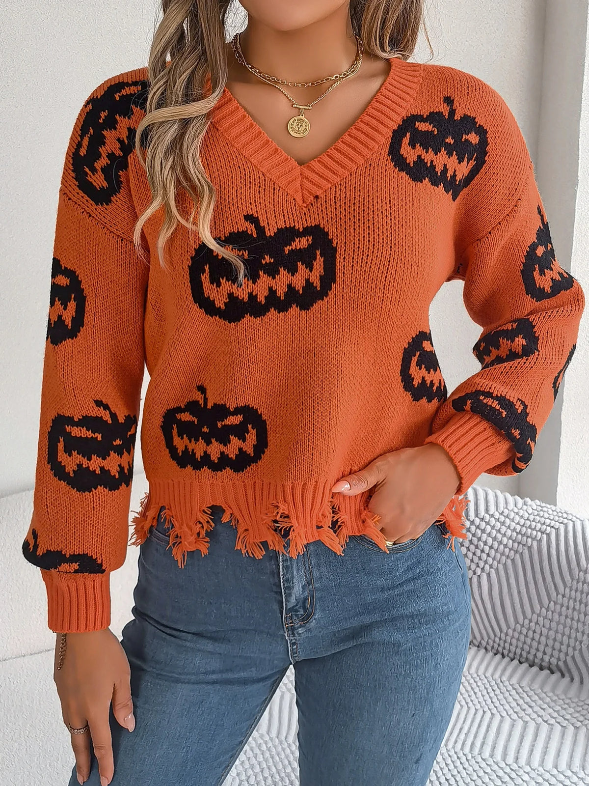 Women V-Neck Pumpkin Knit Pullover Sweater Acrylic Casual Autumn Winter