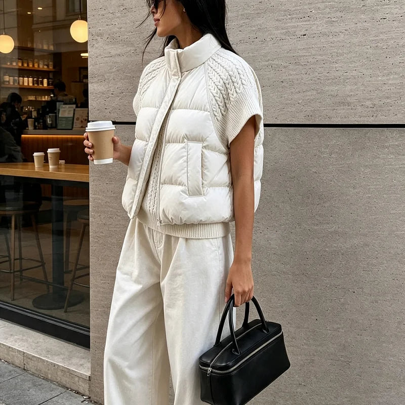 Women's Knitted Splicing Padded Sleeveless Vest with Stand Collar