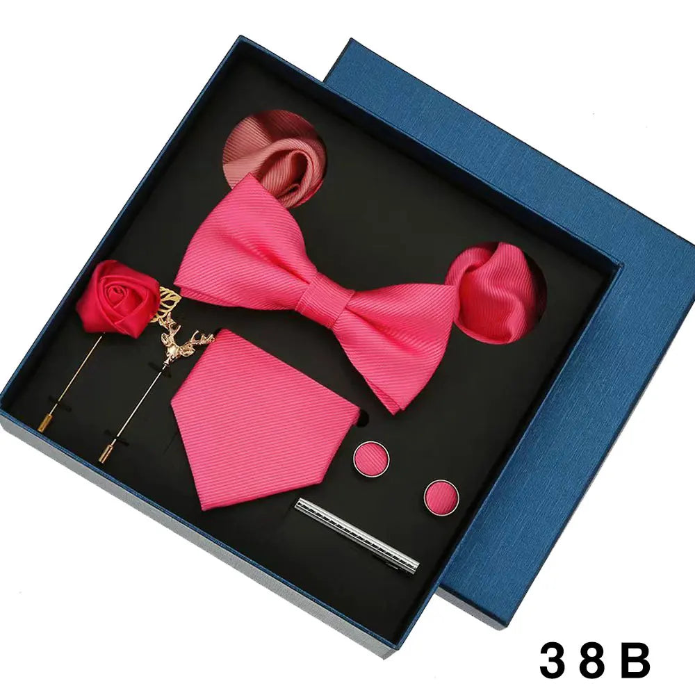 Men Tie Silk Necktie Man Bowtie Hanky Brooches Cufflinks and Tie Clip for Men Accessories Red Burgundy Wedding Tie Gifts Set