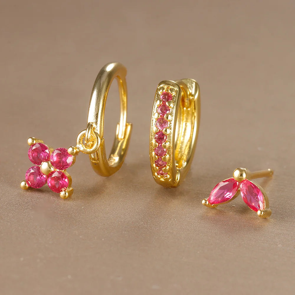 Pendientes de acero inoxidable con forma de flor y circonitas para mujer - Set de 3 piezas