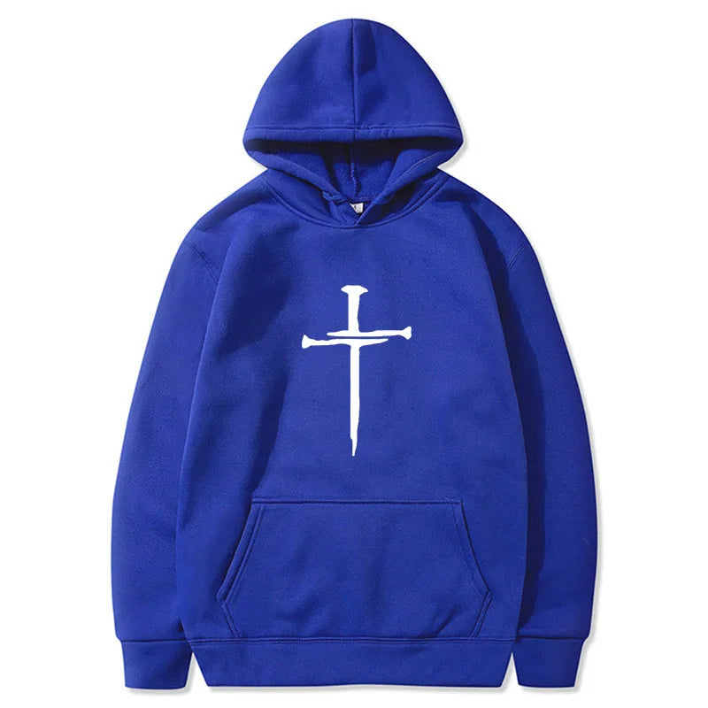 Herr-huvtröja med korsgrafik – Svart ledig tröja med religiöst tryck, moderiktigt streetwear för höst/vinter