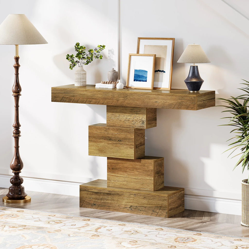 Tribesigns 42.5" Farmhouse Console Table, Narrow Wood Sofa Table Behind Couch With Geometric Base, Industrial Entryway Accent Ta