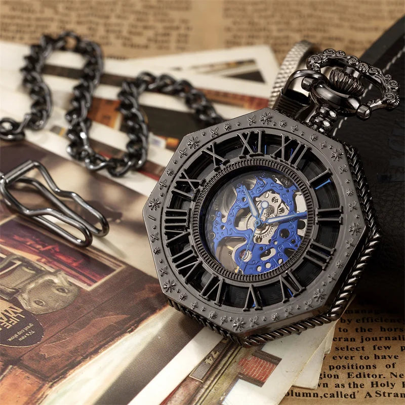Classic Hexagonal Mechanical Pocket Watch FOB Chain Steampunk Roman Dial Skeleton Gold Hollow Steel Men's Pocket Watch