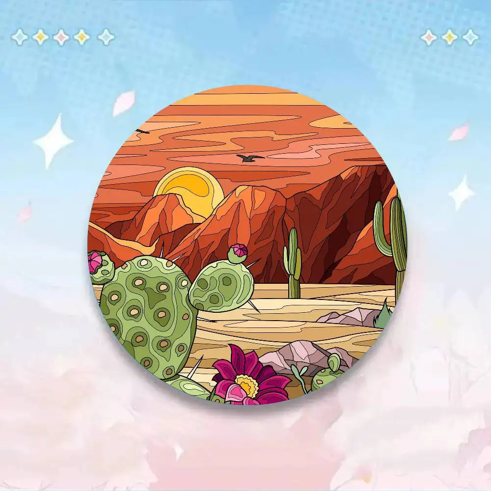 Cactus Sunset Cartoon Round Badge Lapel Pins For Backpacks Briefcase Laser Brooch Clothes Gifts