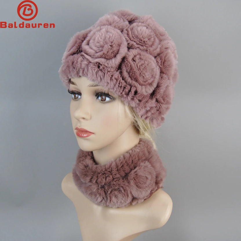 Damen Strick-Set aus echtem Rexkaninchenfell, Mütze und Schal, natürlicher warmer Rexkaninchenfell-Schal, Wintermütze für Damen, Set aus echtem Rexkaninchenfell
