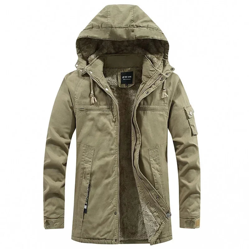 Męska kurtka parka w stylu militarnym, wiatroszczelna z kapturem, z bawełny typu washed, ocieplana grubym polarem, ciepła kurtka zimowa typu varsity w stylu casual, nowość