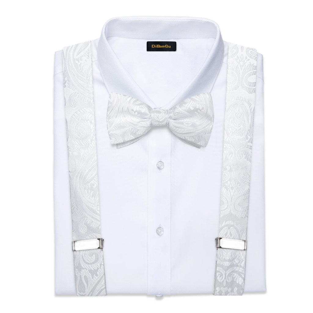Luxury White Men's Suspenders Adjustable 6 Clips Braces DiBanGu Leather Metal Pre-Tied Bow Tie Brooch Pocket Square Set