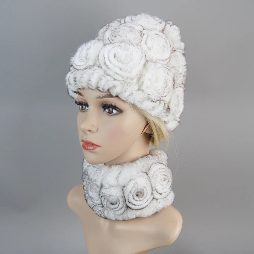 Damen Strick-Set aus echtem Rexkaninchenfell, Mütze und Schal, natürlicher warmer Rexkaninchenfell-Schal, Wintermütze für Damen, Set aus echtem Rexkaninchenfell