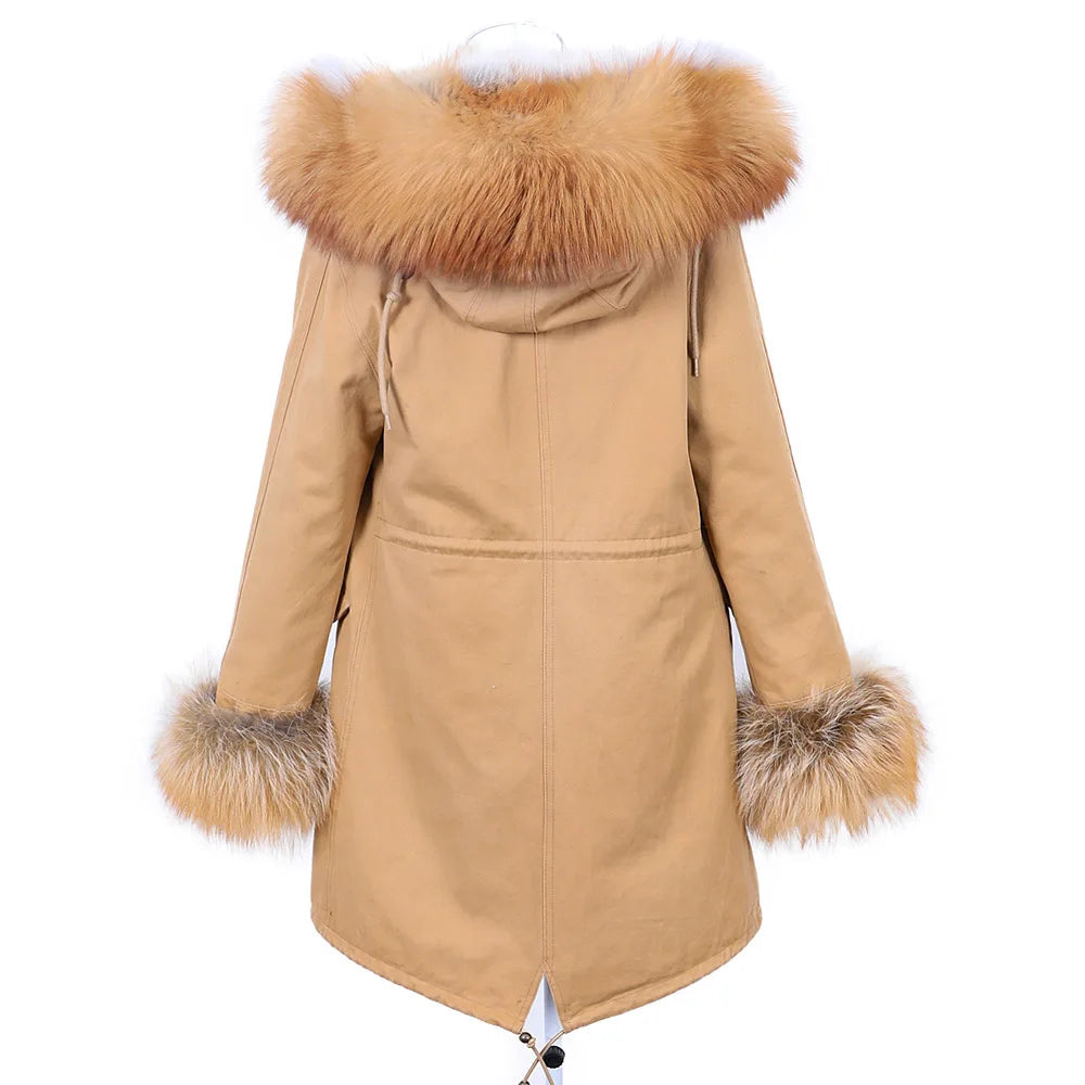 MAOMAOKONG 2026 Removable Real Fox Fur Collar Coats Woman Winter Jacket Hooded Rabbit Fur Lining Long Parkas Female Clothes