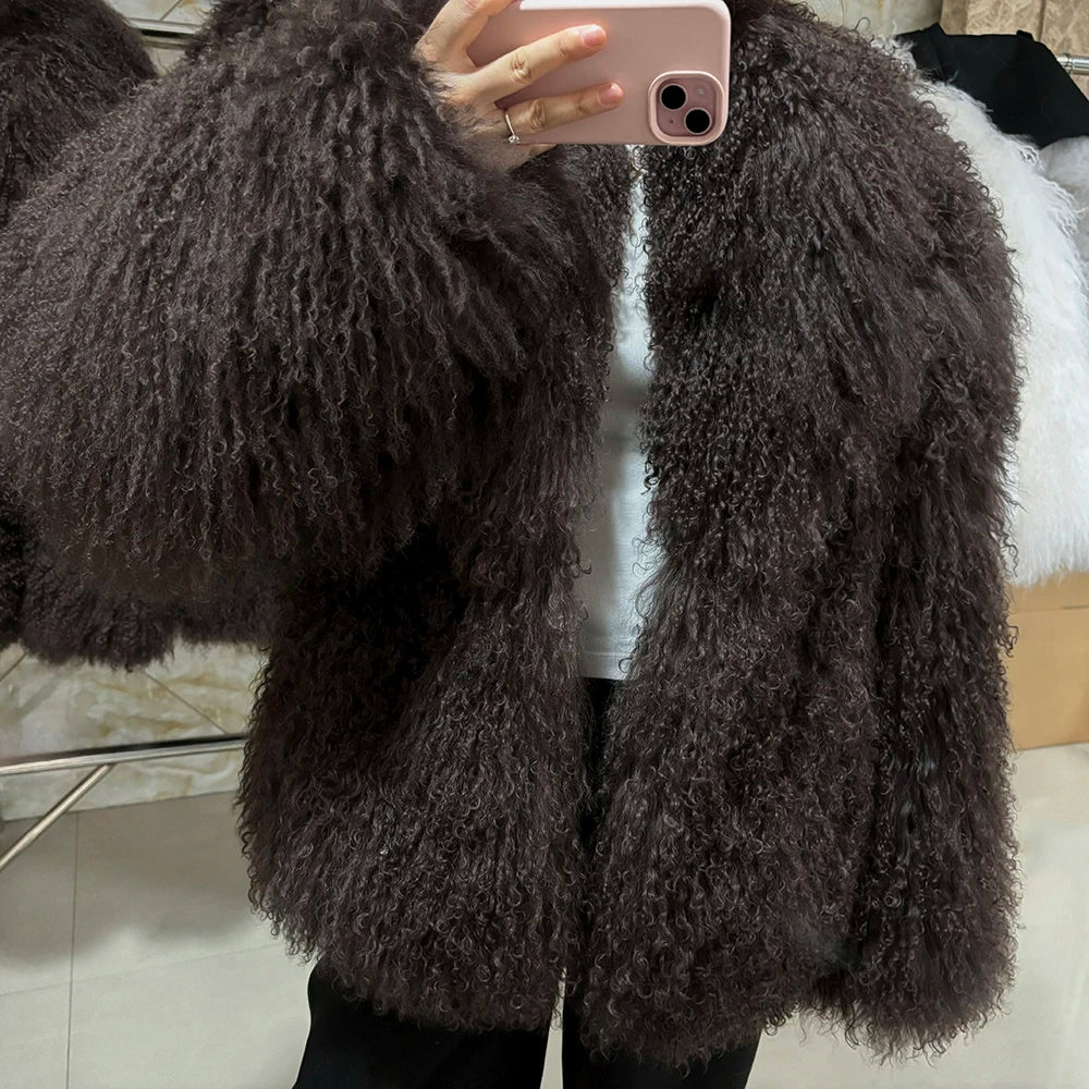 YOLOAgain Women's Real Mongolia Sheep Fur Jacket Dark Brown Sheep Fur Jacket