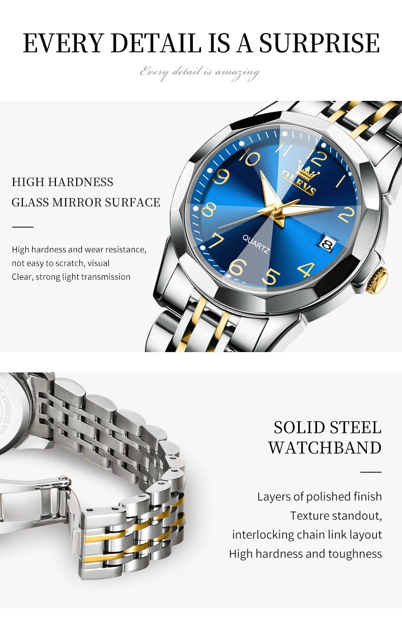 OLEVS 9970 Luxury Quartz Watch Classic Rhombus Mirror Waterproof Digital Dial Men's Watch Women's Watch Date Week Couple Watch