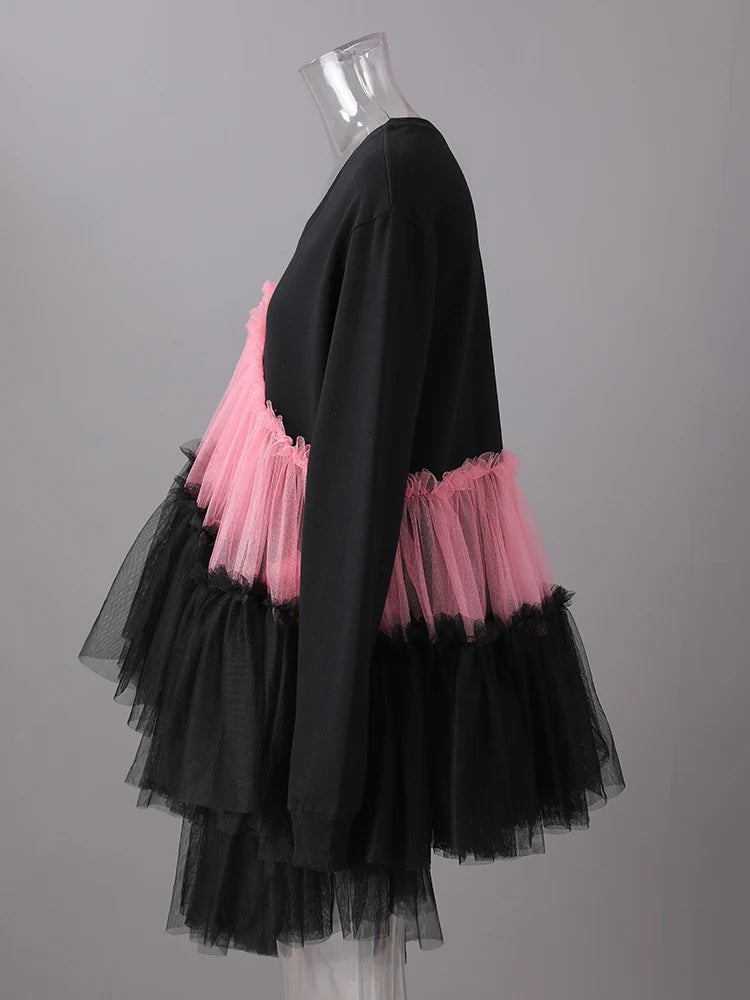 [EAM] Women Balck Mesh Ruffles Irregular Big Size Mini Dress New Round Neck Long Sleeve Fashion Tide Spring Autumn 2026 CPG3045