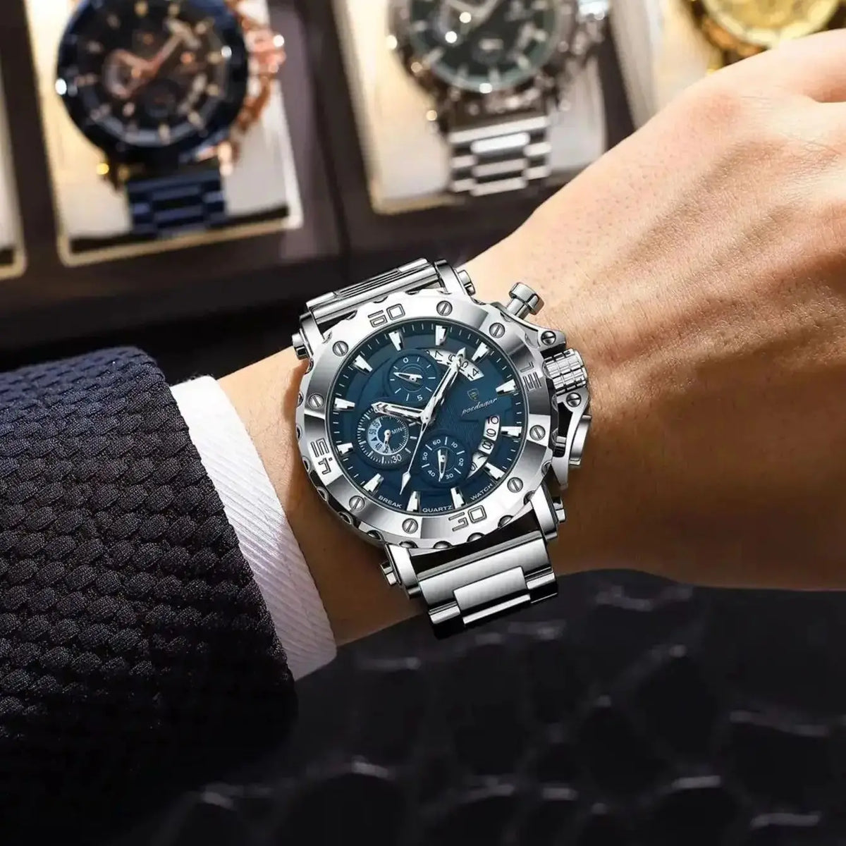 POEDAGAR Top Business Men's Wristwatch Luminous Waterproof Man Clock Chronograph Calendar Stainless Steel Quartz Watches for Men