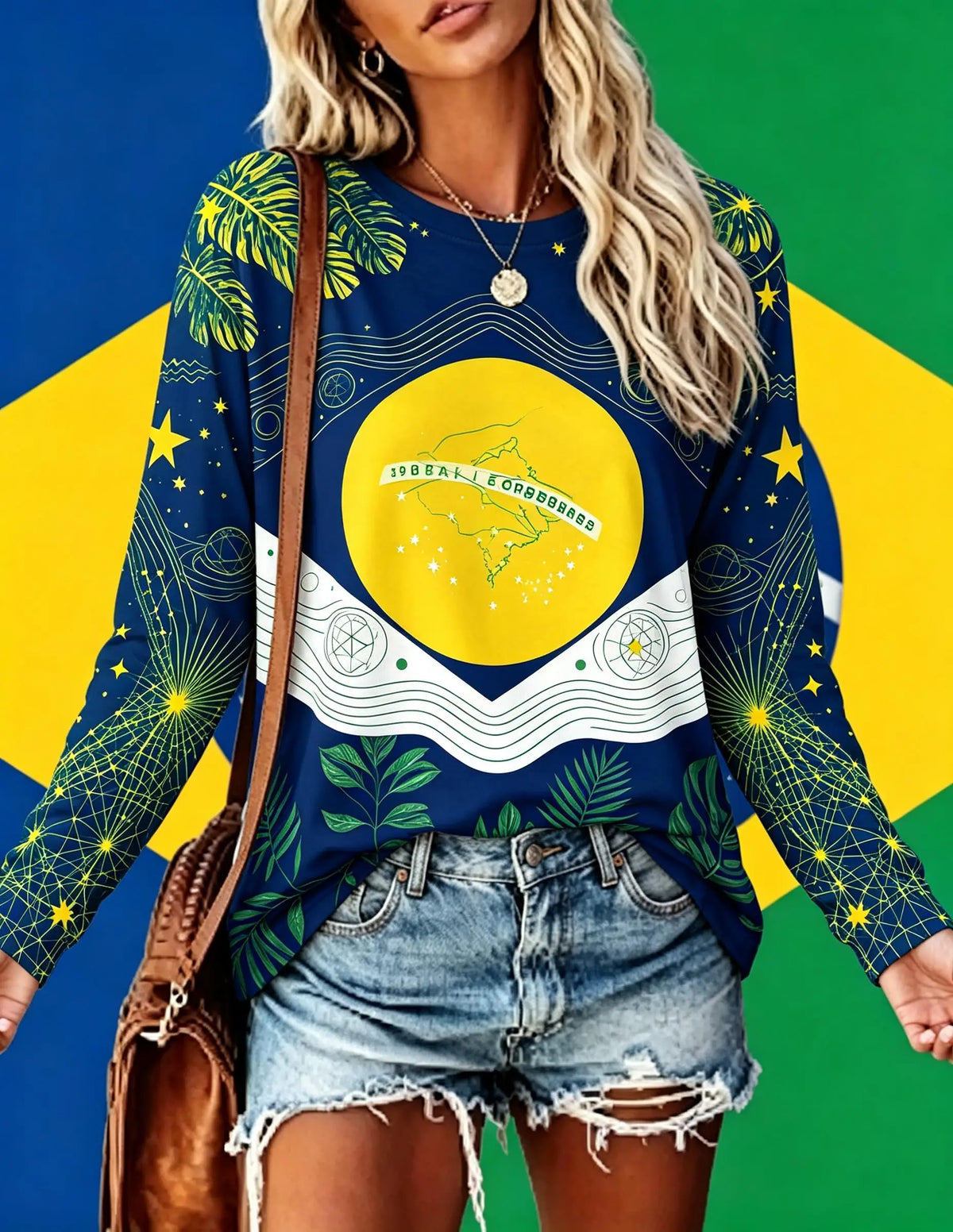Women Long Sleeve T Shirt Brazil Flag Tropical Palm Leaf Star Print Crew Neck Casual Summer Fall Tops