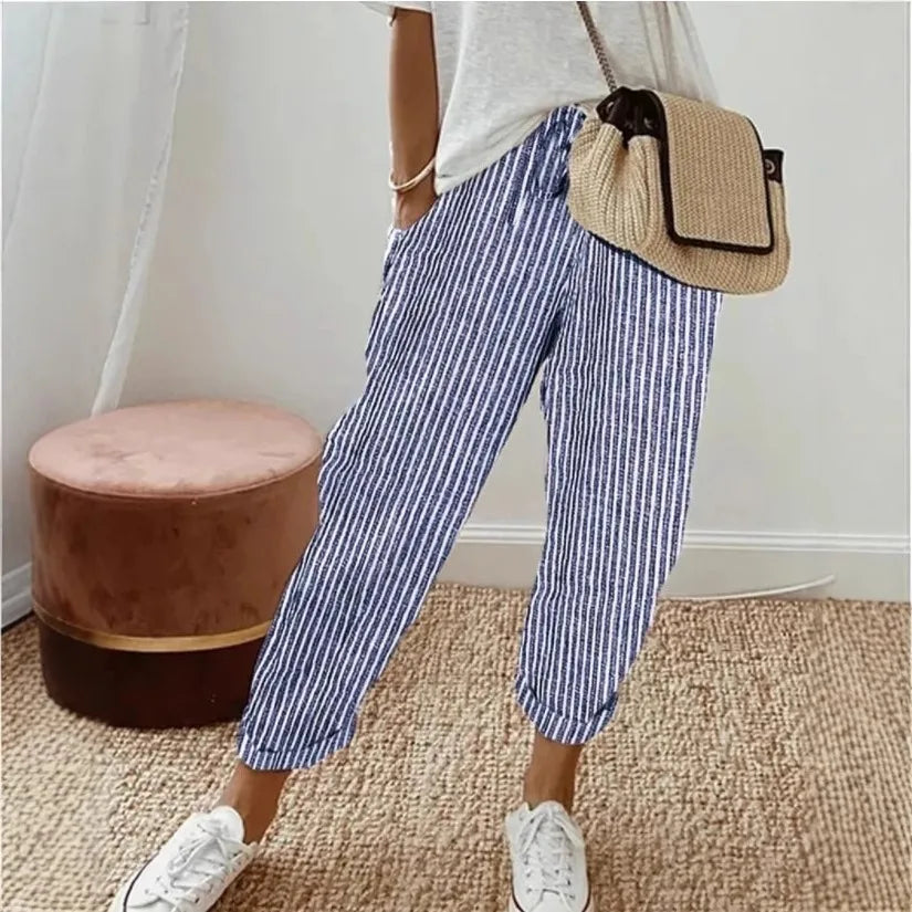 European and American Cross Border Women's Summer New Fashionable Loose Stripe Printed Elastic Waist Drawstring Casual Pants
