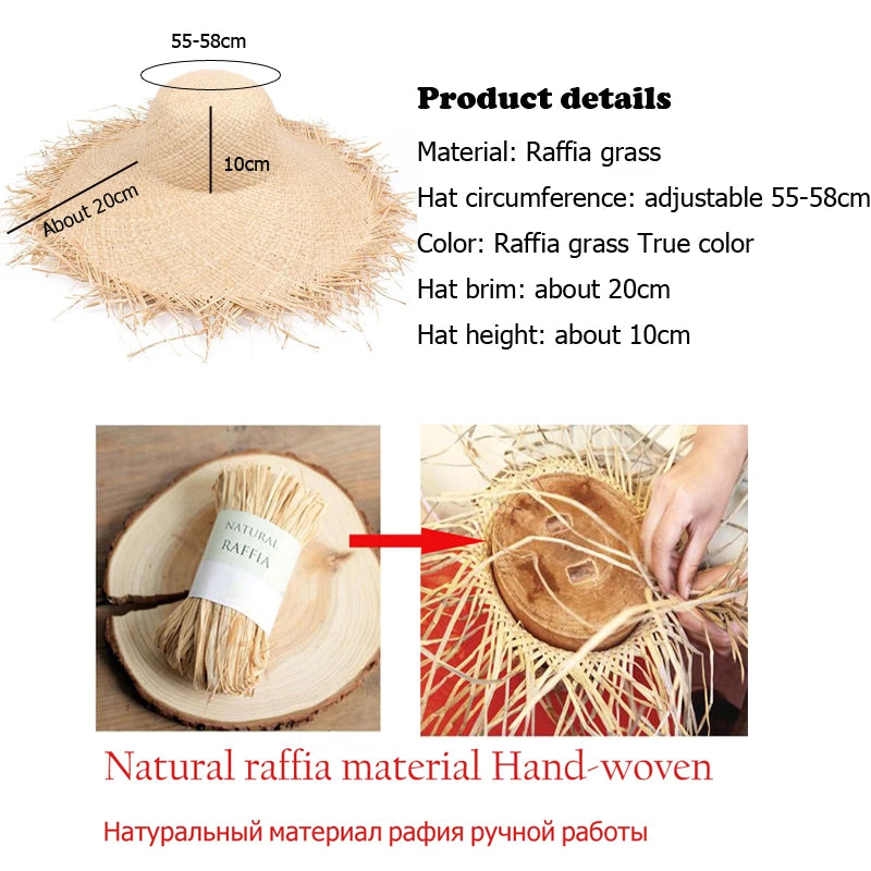 New Natural Raffia Hat Women Summer Hand Woven Straw Hat Gilrs Holiday Sun Hats Wide Brim Sun Hat Floppy Panama Travel Beach Hat