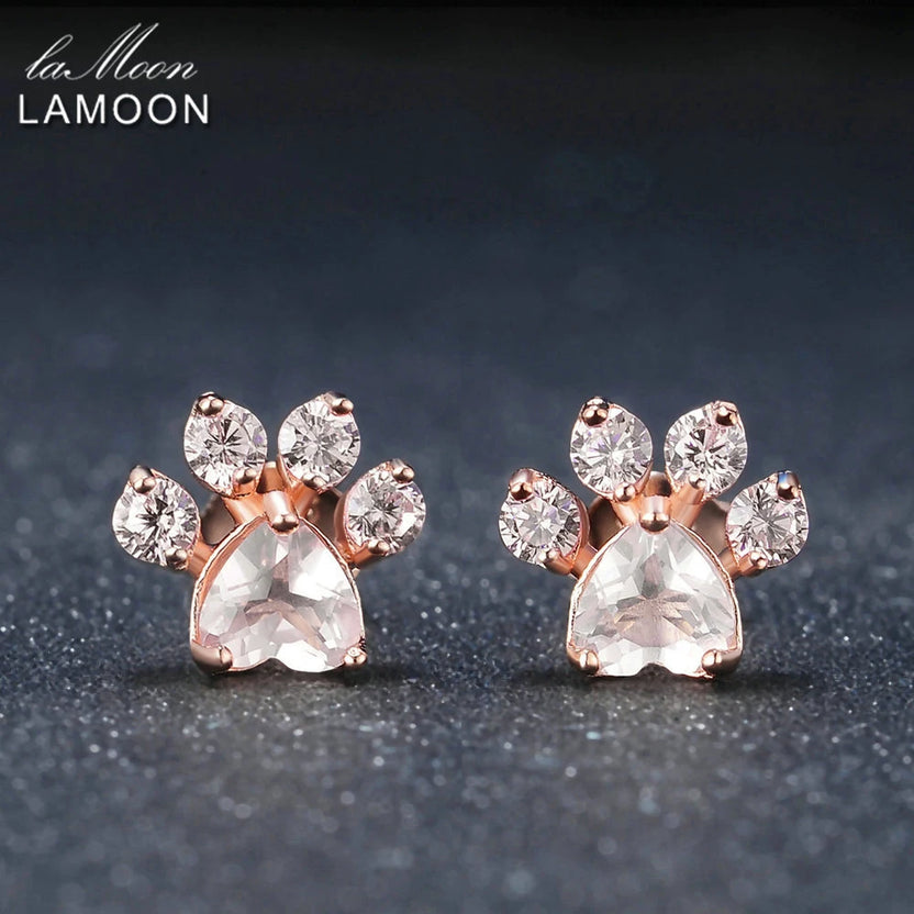 Pendientes LAMOON de pata de gato en plata de ley 925 para mujer, pendientes de botón con cuarzo rosa, pendientes de botón con piedras preciosas, joyería fina EI040-2