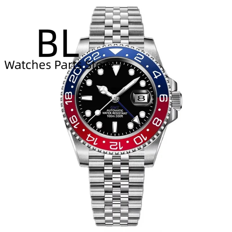 BLIGER 40mm Customizable Logo Blue GMT Watch for Men Black White Dial Green Luminous Sapphire Glass Waterproof Reloj Hombre Date
