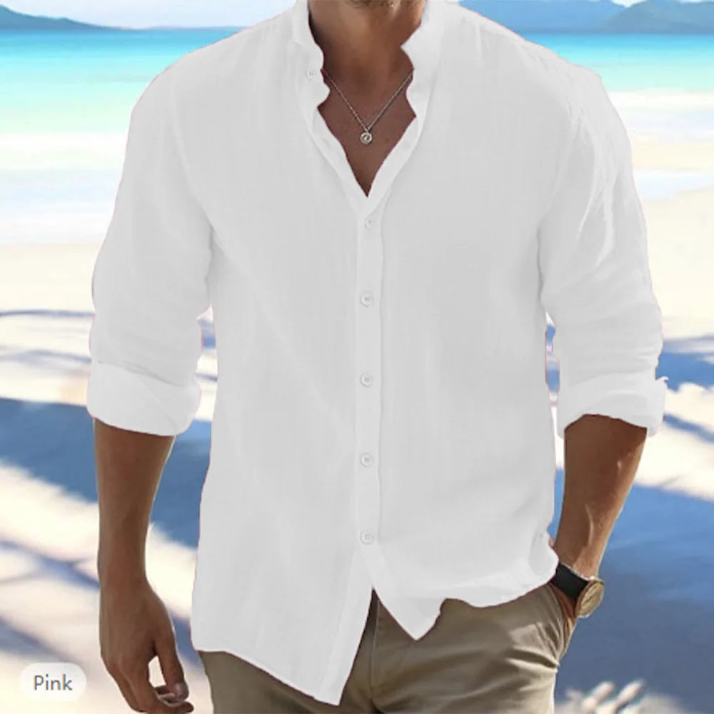 Bomullslinne Rea Herrskjortor med lång ärm Sommar Enfärgad ståkrage Ledig strandstil Plus size