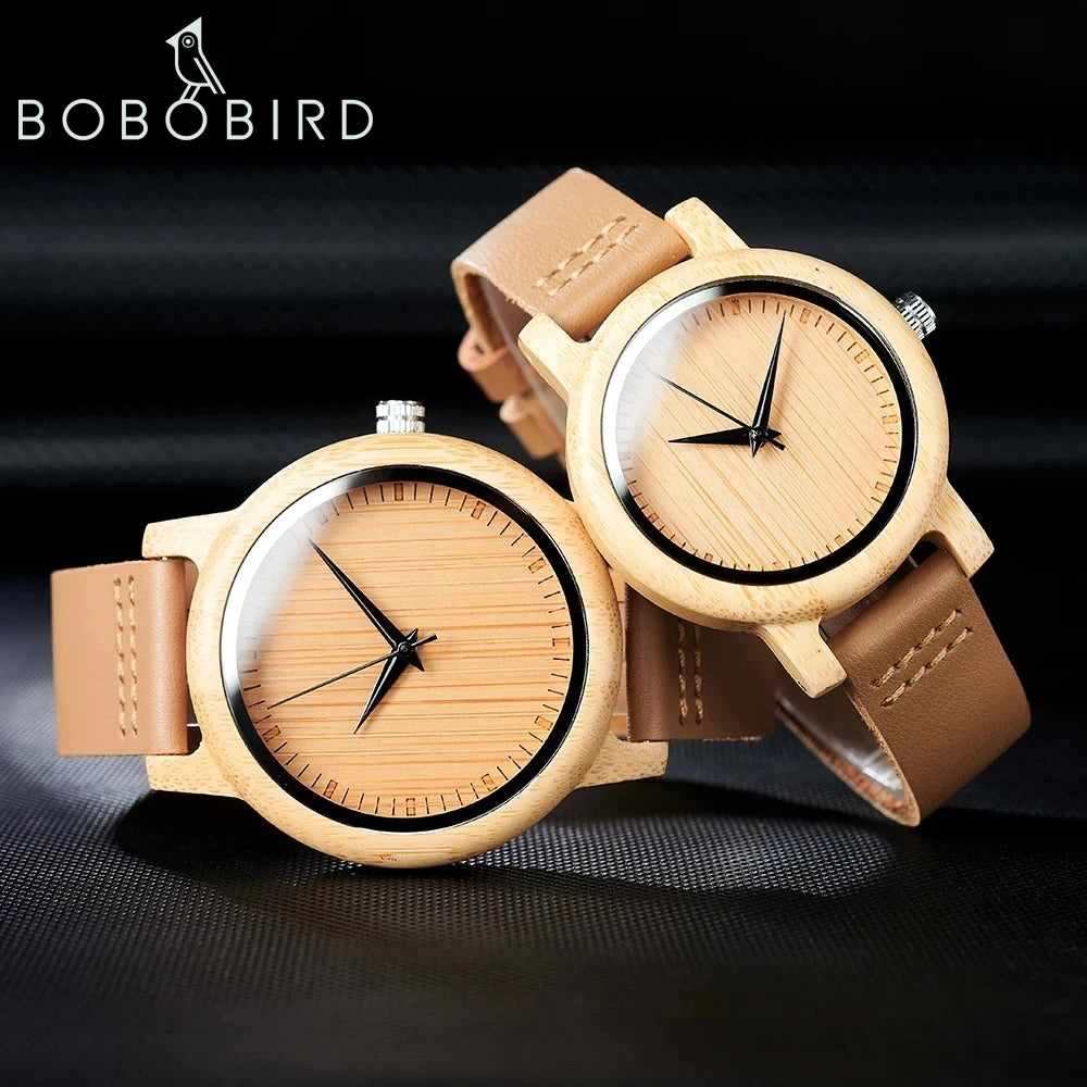 BOBO BIRD Bamboo Wood Quartz Couple Watches with Leather Bands