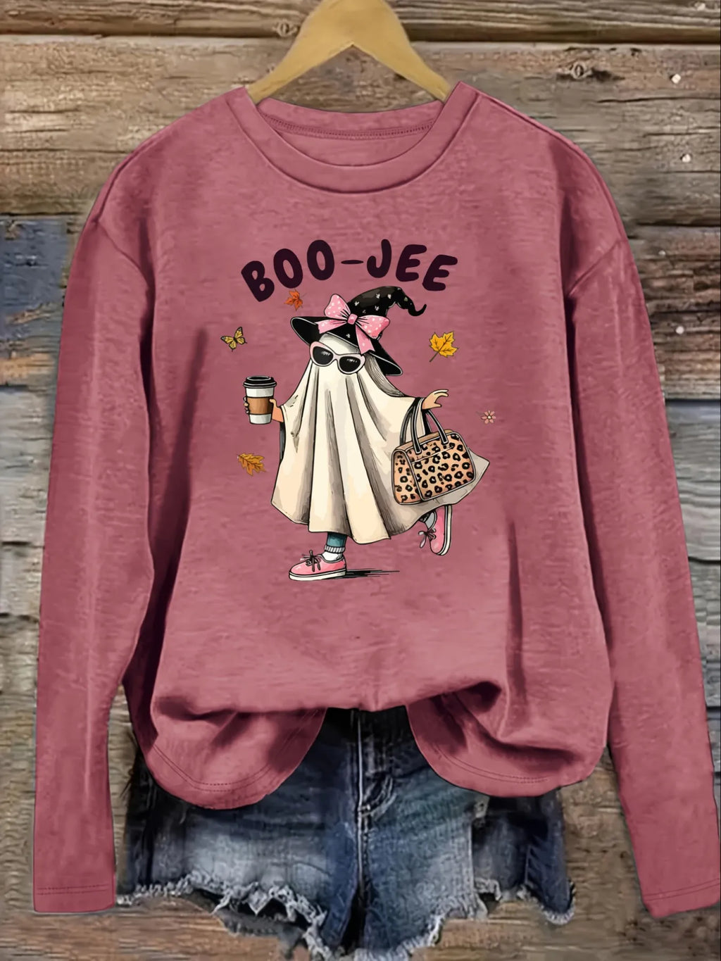 Women's Casual Long Sleeve Crew Neck T-Shirt Boo-Jee Ghost With Coffee Design, Round Neck Women's Clothing, Machine Washable, Slightly Elastic, Loose Fit, Spring Autumn Winter Women's T-Shirt, Halloween Costume Outfit