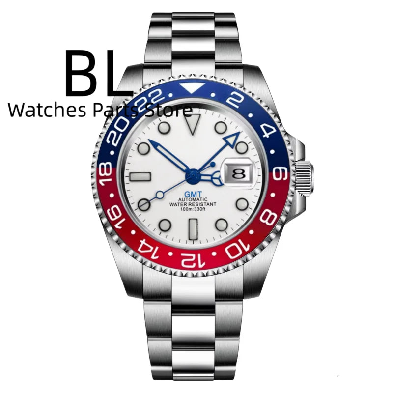 BLIGER 40mm Customizable Logo Blue GMT Watch for Men Black White Dial Green Luminous Sapphire Glass Waterproof Reloj Hombre Date