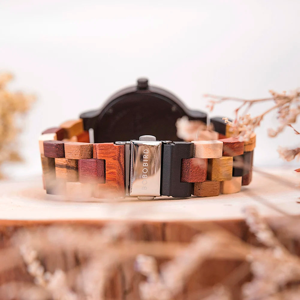 BOBO BIRD Wood Watch Men Women Quartz Week Date Couple Timepiece Colorful Wooden Band Logo Customize Gift Box