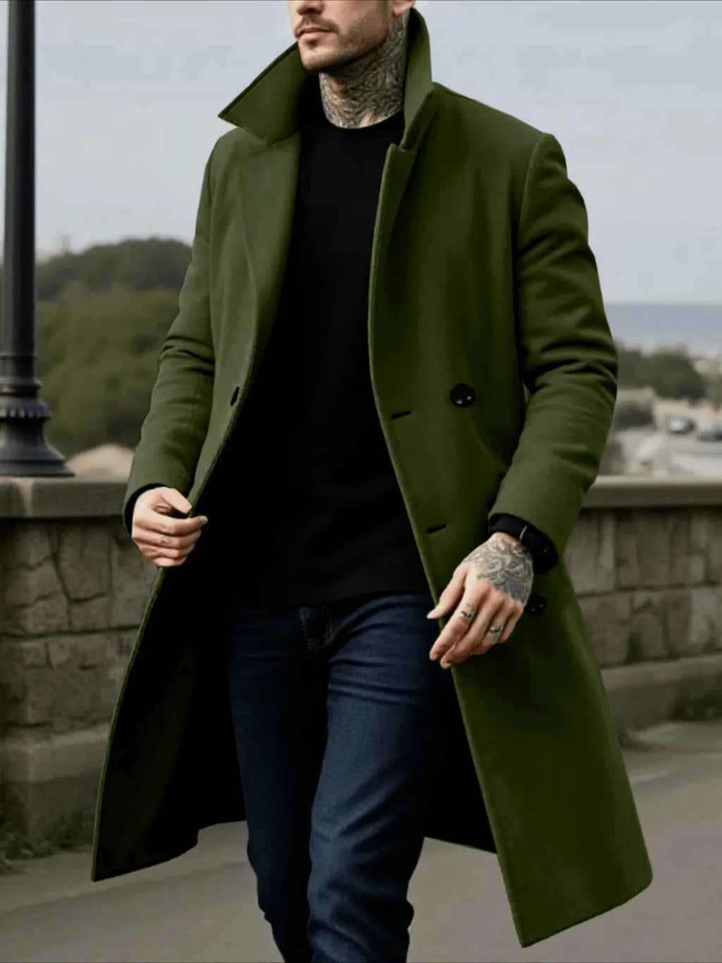 Men's Woolen Double Breasted Mid-Length Winter Coat with Lining