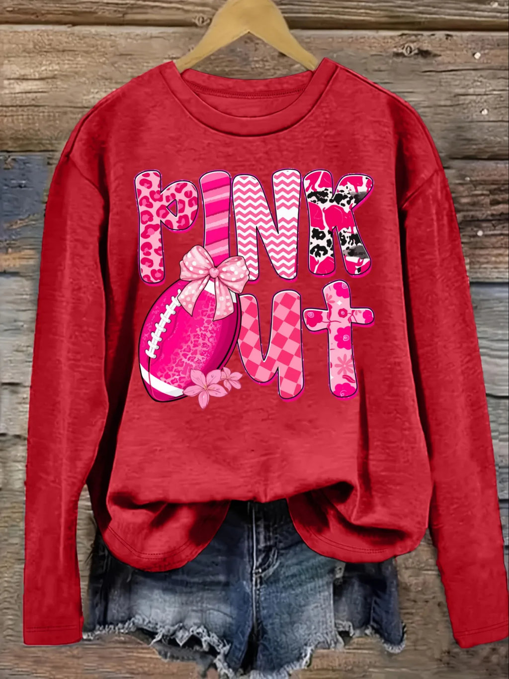 Women's Casual Long Sleeve Crew Neck T-Shirt Pink Out Football Pattern Print Design, Round Neck Women's Clothing, Machine Washable, Slightly Elastic, Loose Fit, Spring Autumn Winter Women's T-Shirt, Halloween Costume Outfit