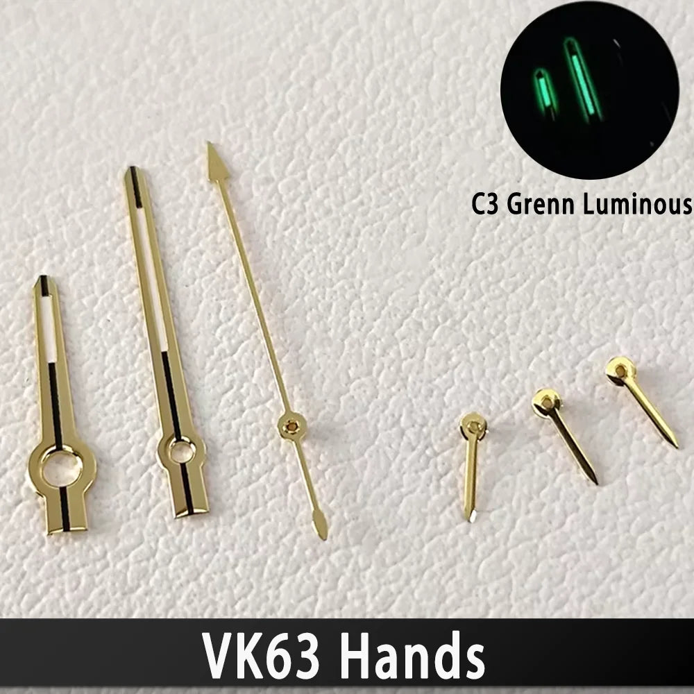 Agujas VK63 de alta calidad, manecillas de carreras para reloj VK63, manecillas de reloj con luminiscencia verde C3, piezas de relojes para hombre con movimiento de cuarzo VK63