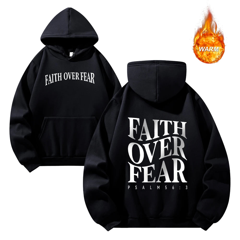 "Faith Over Fear" tryckt tjockare huvtröja för män, höst- och vintertröja med dragsko, vardagskläder för pendling