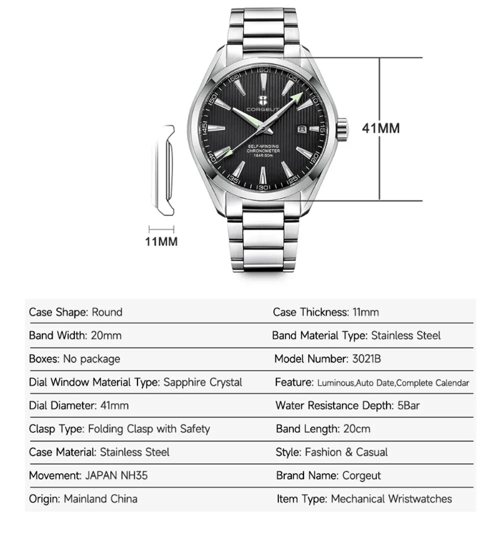 Luxury NH35 Movt Custom Logo 41mm Man Sport Automatic Relogio Masculino Mechanical Wristwatch Sapphire Steel Band Men's Watch