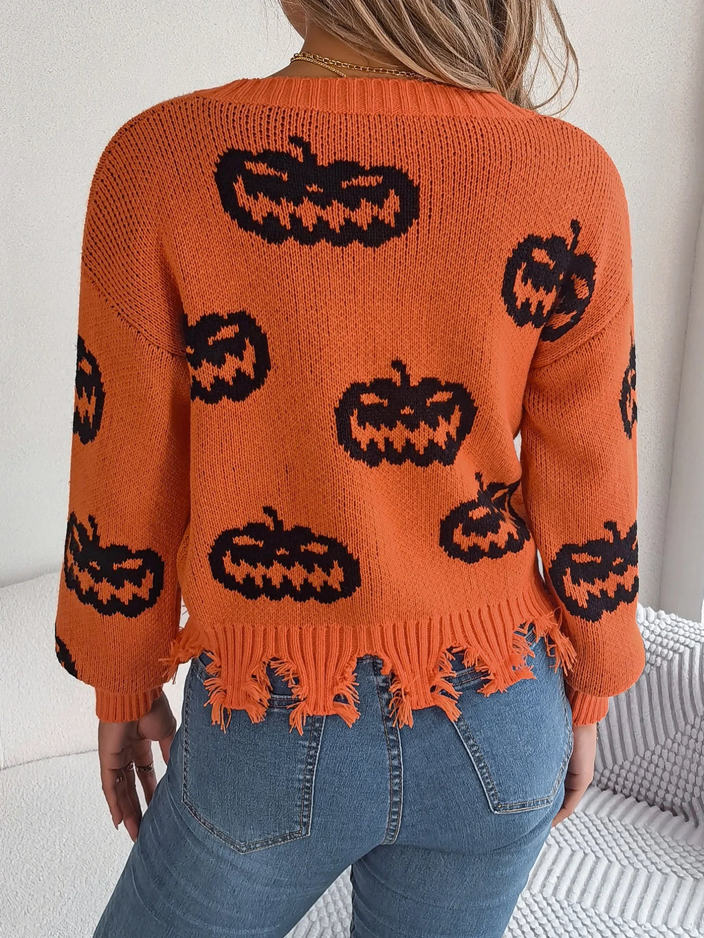Women V-Neck Pumpkin Knit Pullover Sweater Acrylic Casual Autumn Winter