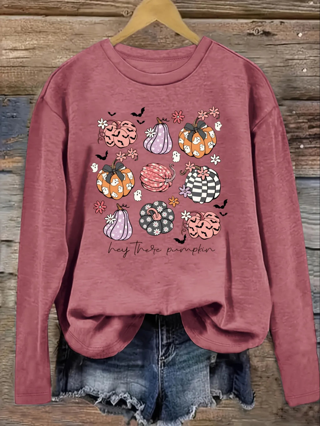 Women's Casual Long Sleeve Crew Neck T-Shirt Hey There Pumpkin Print Design Design, Round Neck Women's Clothing, Machine Washable, Slightly Elastic, Loose Fit, Spring Autumn Winter Women's T-Shirt, Halloween Costume Outfit