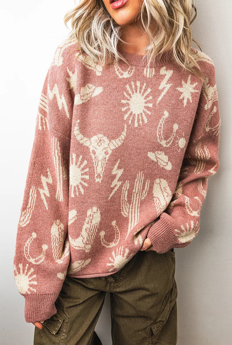 Vintage Women's Oversized Jacquard Floral Knit Pullover Sweater