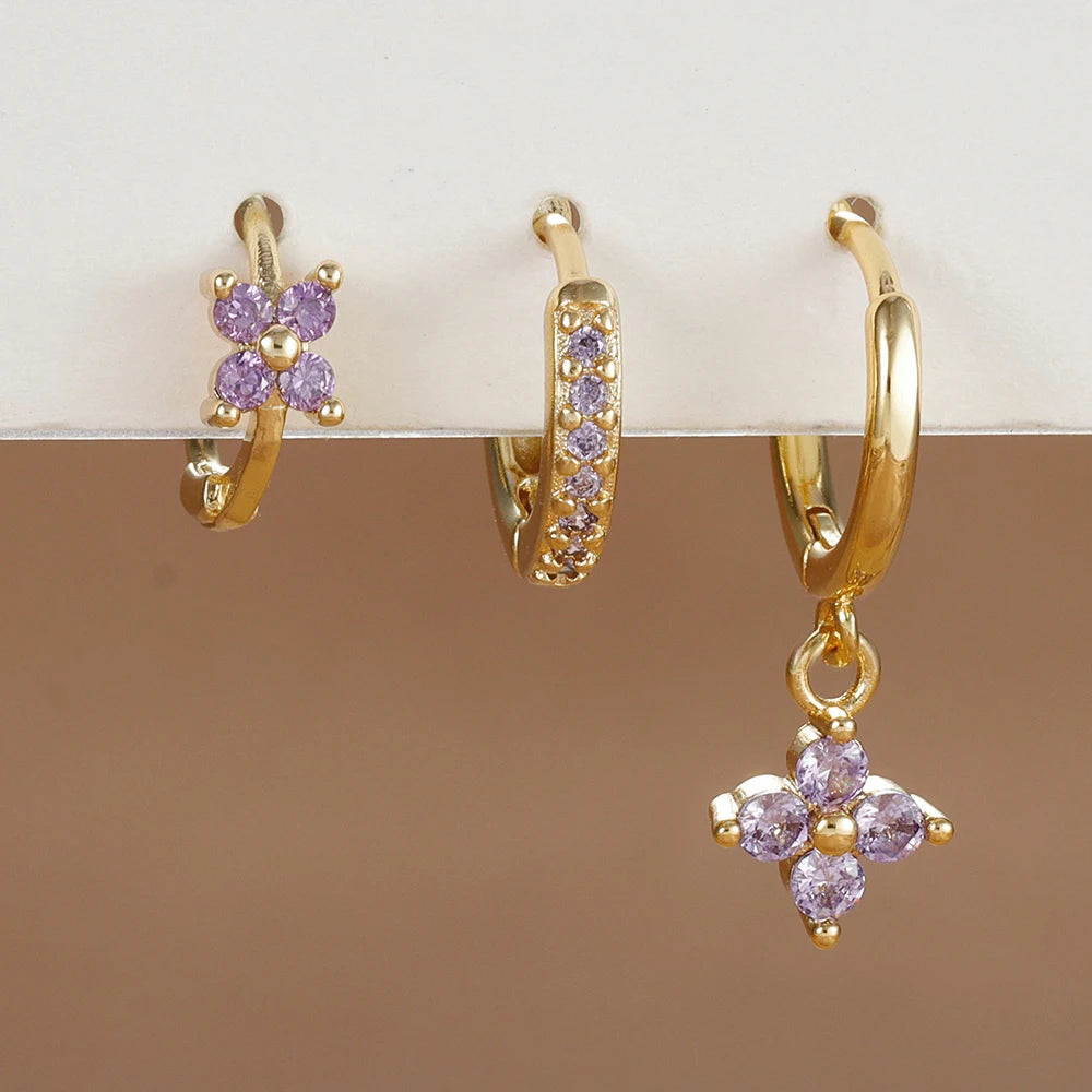 Pendientes de acero inoxidable con forma de flor y circonitas para mujer - Set de 3 piezas