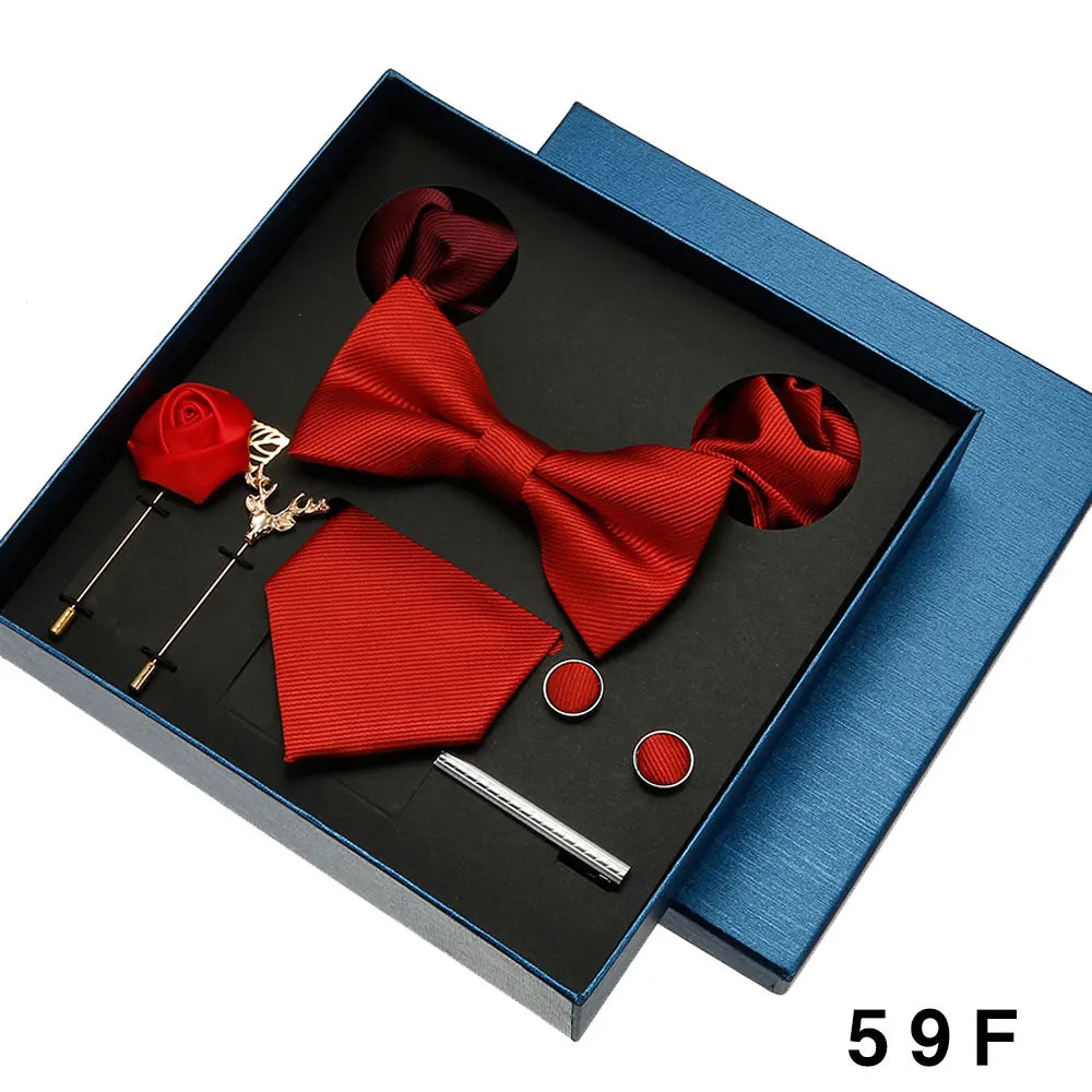 Men Tie Silk Necktie Man Bowtie Hanky Brooches Cufflinks and Tie Clip for Men Accessories Red Burgundy Wedding Tie Gifts Set