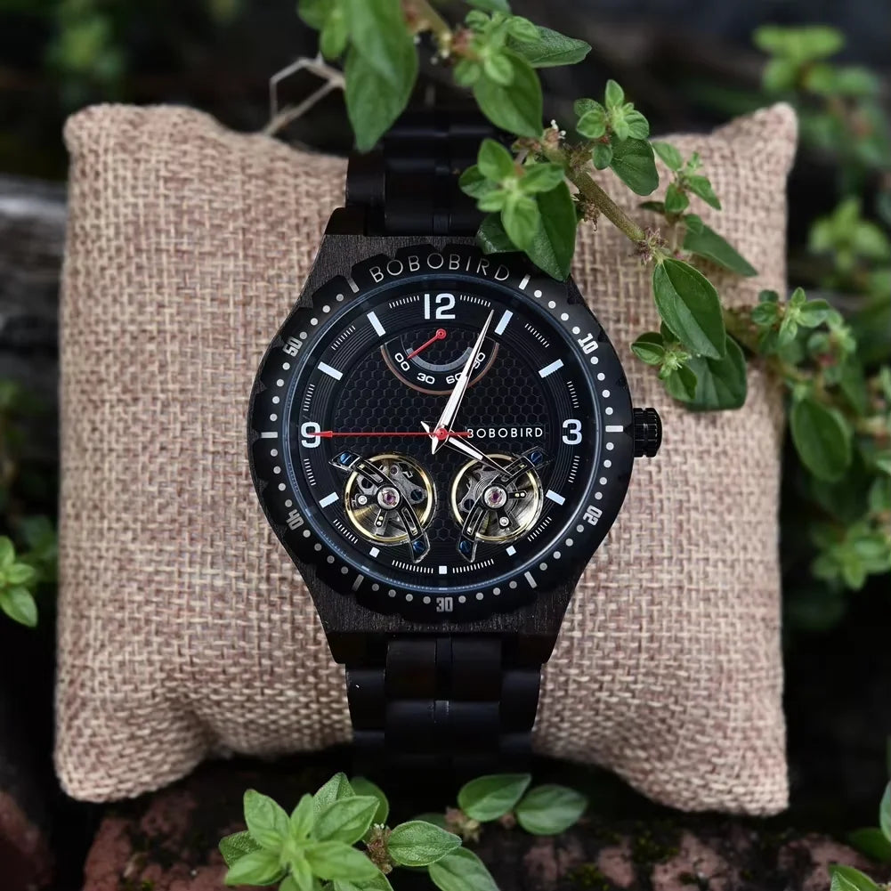 BOBO BIRD Men Mechanical Wooden Watches Double Tourbillon Movement Business Luxury Automatic Wristwatches for Men Custom