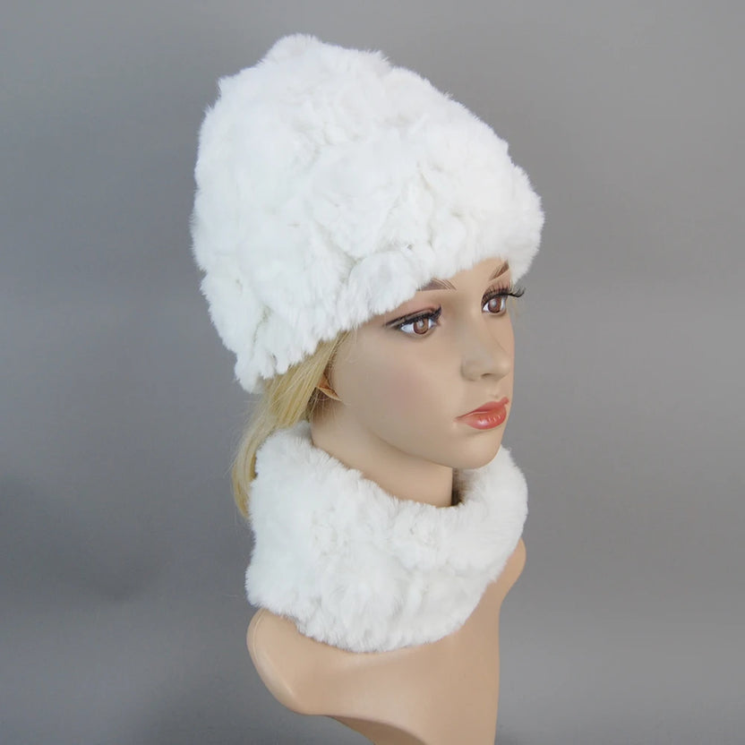 Damen Strick-Set aus echtem Rexkaninchenfell, Mütze und Schal, natürlicher warmer Rexkaninchenfell-Schal, Wintermütze für Damen, Set aus echtem Rexkaninchenfell