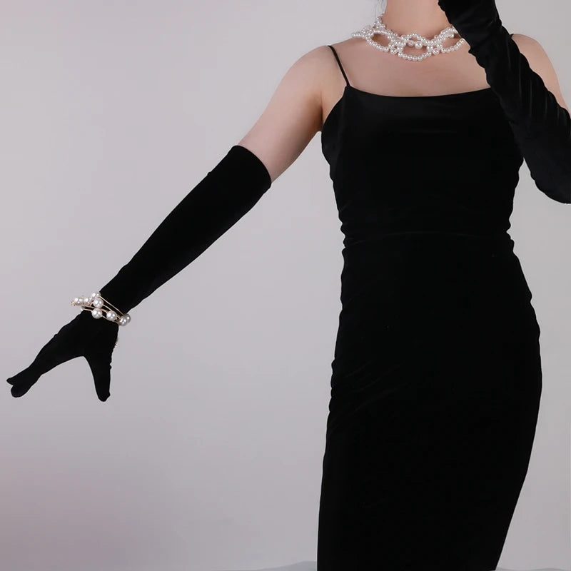 Velvet Gloves 70cm Extra Long Black Opera Female High Elastic Swan Velour Gold Velvet Touchscreen Women Evening Gloves WSR26
