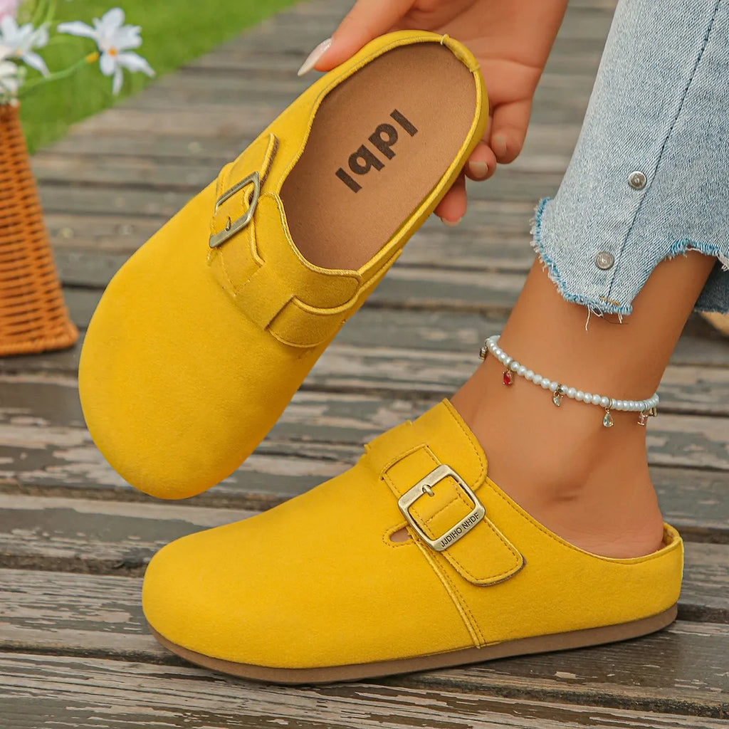 Women's Fabric Round Toe Flat Mules with Buckle Strap