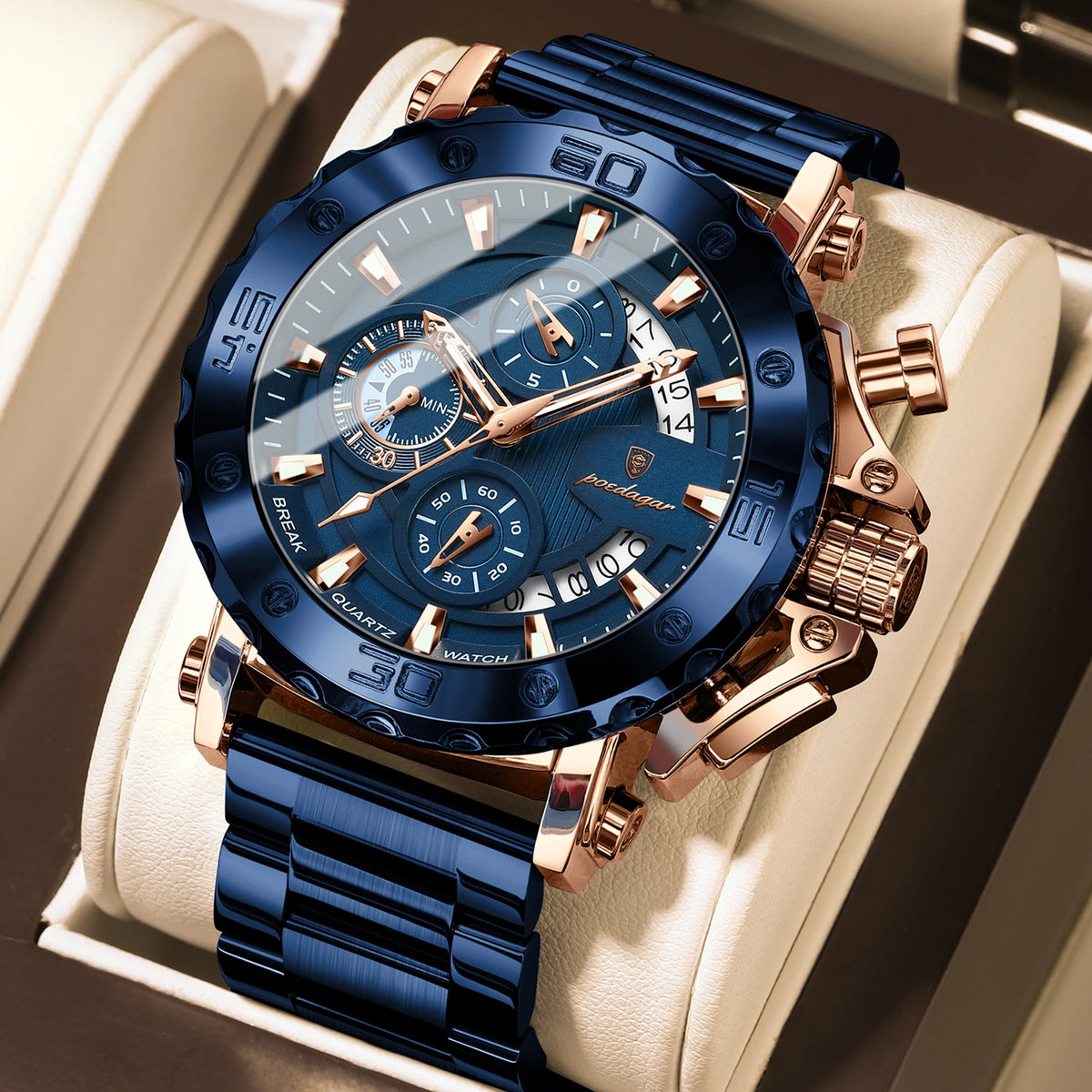 POEDAGAR Top Business Men's Wristwatch Luminous Waterproof Man Clock Chronograph Calendar Stainless Steel Quartz Watches for Men