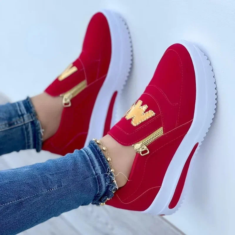 Zapatillas planas de lona con plataforma, sin cordones y con cremallera para mujer