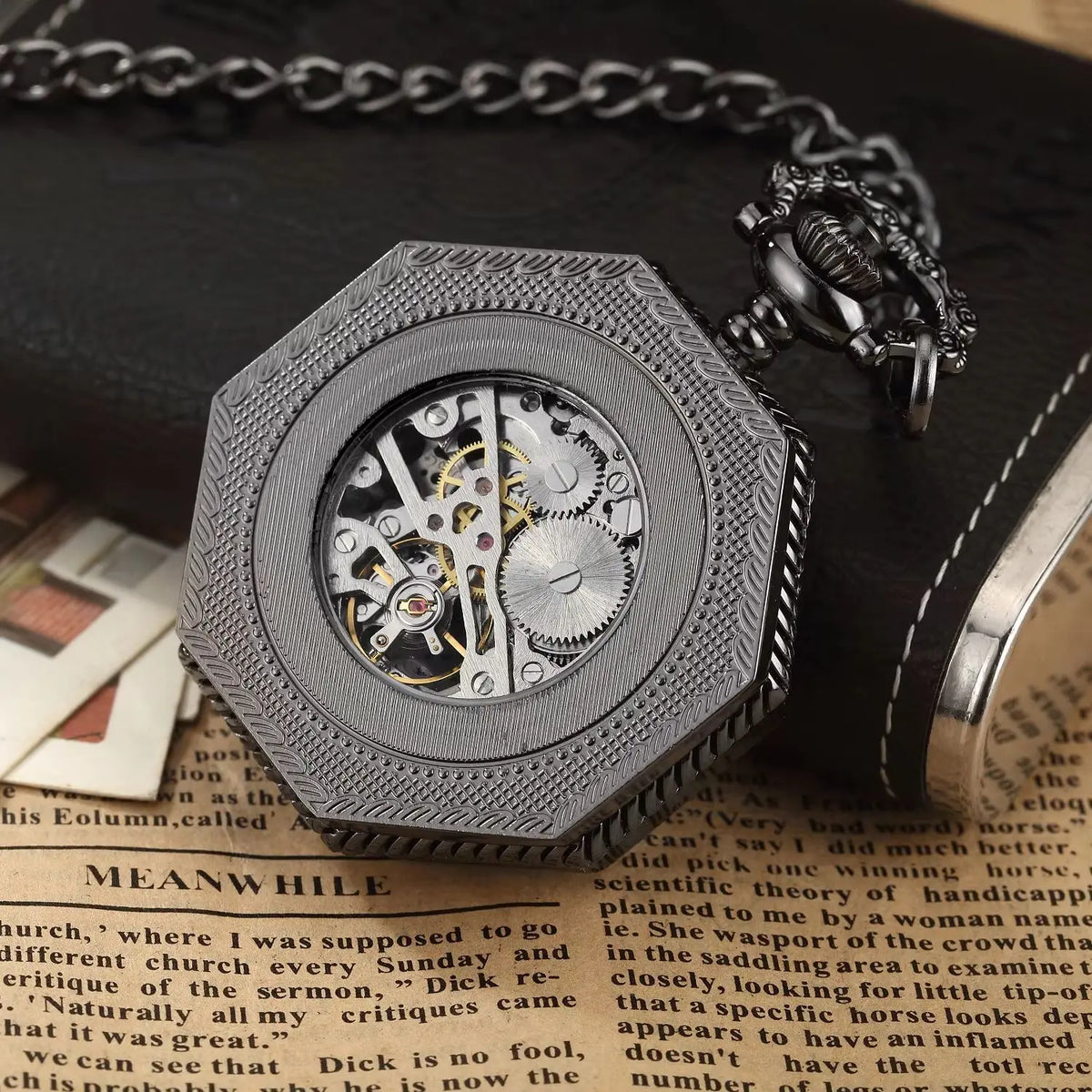 Classic Hexagonal Mechanical Pocket Watch FOB Chain Steampunk Roman Dial Skeleton Gold Hollow Steel Men's Pocket Watch
