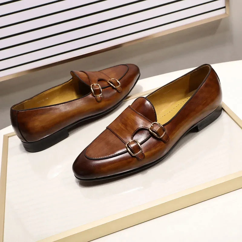 Mocasines de piel auténtica para hombre FELIX CHU, zapatos de vestir casuales hechos a mano con hebilla de monje para bodas, fiestas, verano y otoño