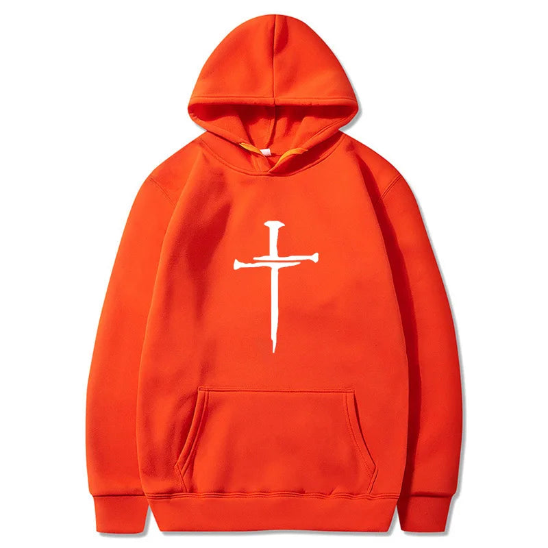 Herr-huvtröja med korsgrafik – Svart ledig tröja med religiöst tryck, moderiktigt streetwear för höst/vinter